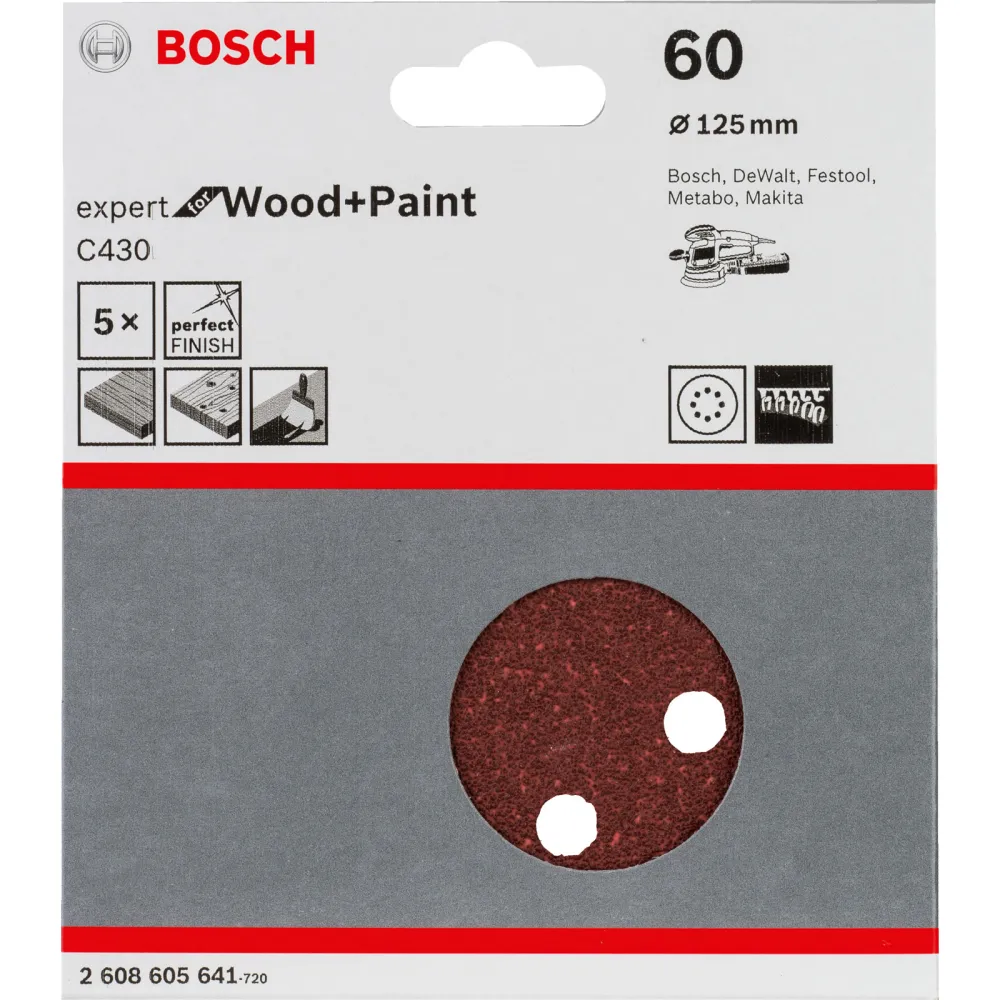 Bosch 5x Schleifblatt C430 Expert Wood 8 Löcher Klett 125 mm K60 - 2608605641