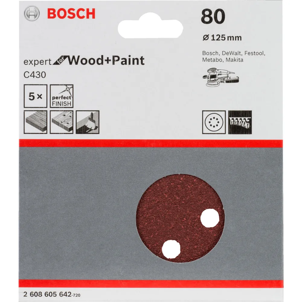Bosch 5x Schleifblatt C430 Expert Wood 8 Löcher Klett 125 mm K80 - 2608605642