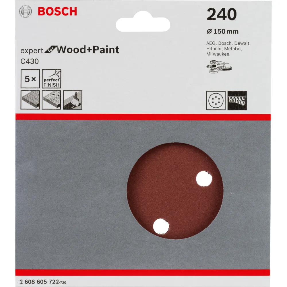 Bosch 5x Schleifblatt C430 Expert Wood 6 Löcher Klett 150 mm K240 - 2608605722