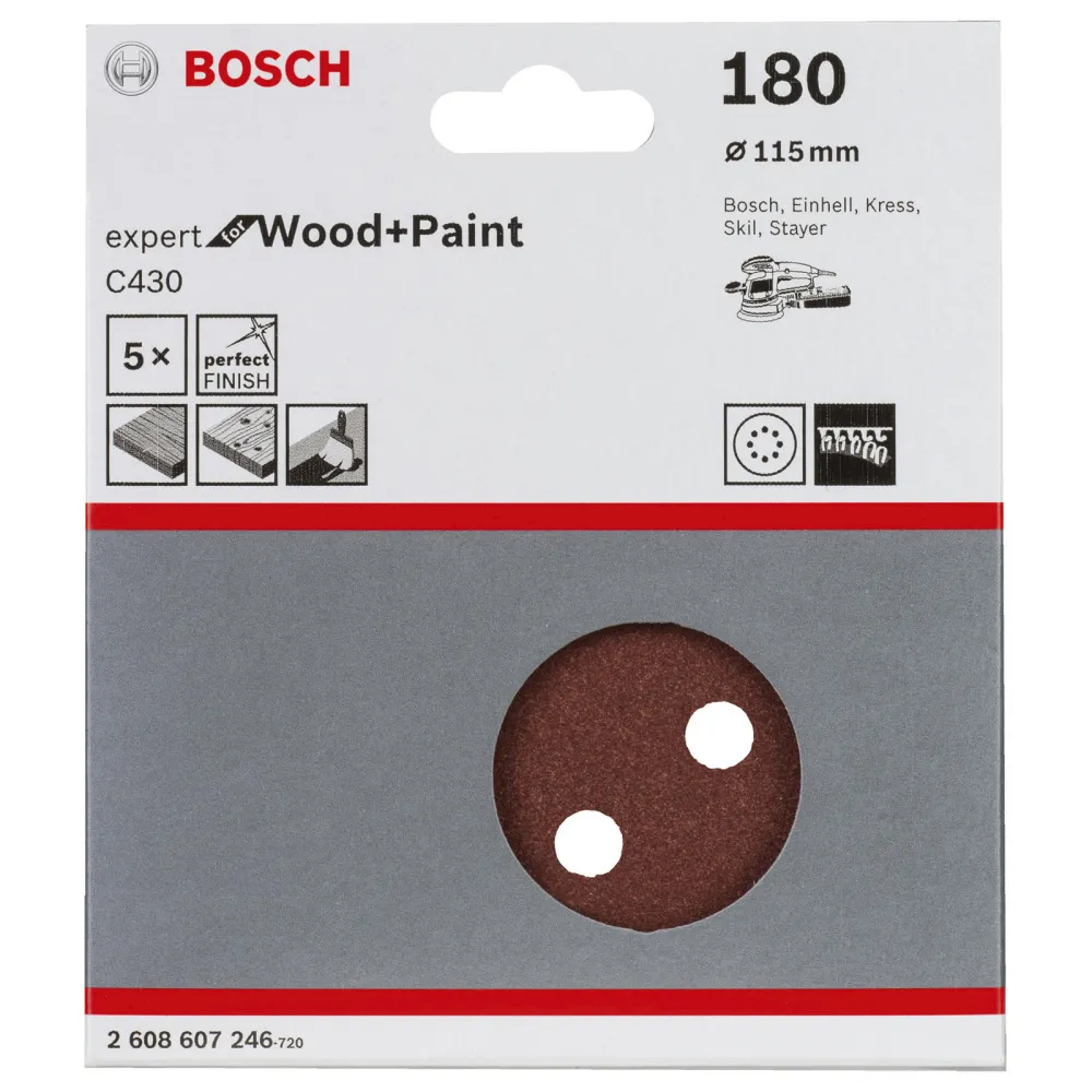 Bosch 5x Schleifblatt C430 Expert Wood 8 Löcher Klett 115 mm K180 - 2608607246