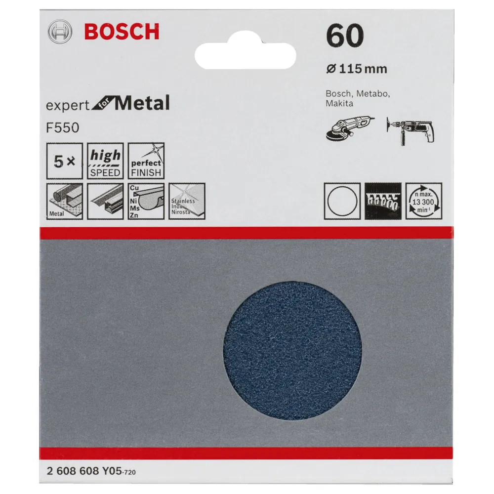 Bosch Schleifblatt F550 Expert Metal 115 mm 60 ungelocht klett 5er-Pack - 2608608Y05