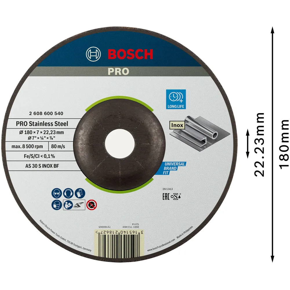 Bosch PRO Stainless Steel Schleifscheibe 180 x 6 x 22,23 mm - 2608600540