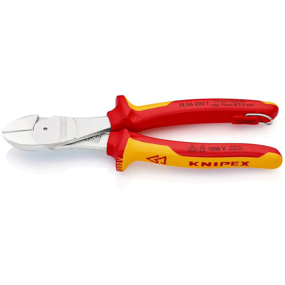 Knipex Kraft-Seitenschneider mit Befestigungsöse verchromt, isoliert mit Mehrkomponenten-Hüllen, VDE-geprüft; mit integrie...