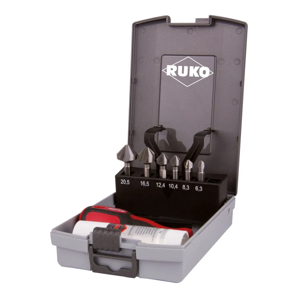 RUKO Kegel- und Entgratsenker-Bit-Satz 90° "Lang" HSS Kunststoffkassette - 102319RO