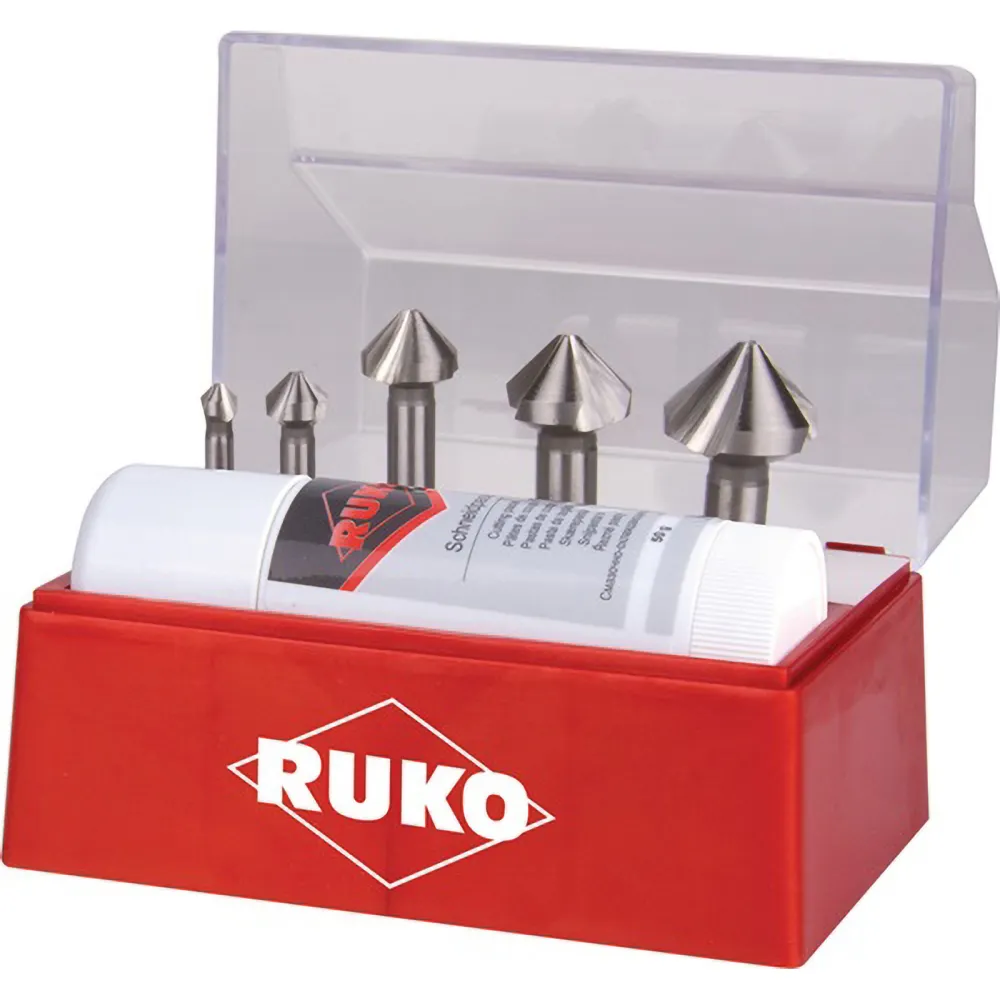 RUKO Kegel- und Entgratsenker-Satz 6tlg. DIN 335 Form C 90° HSS Ø 6,3 - 25 mm + Schneidpaste 50 ml Kunststoffkassette - 10...