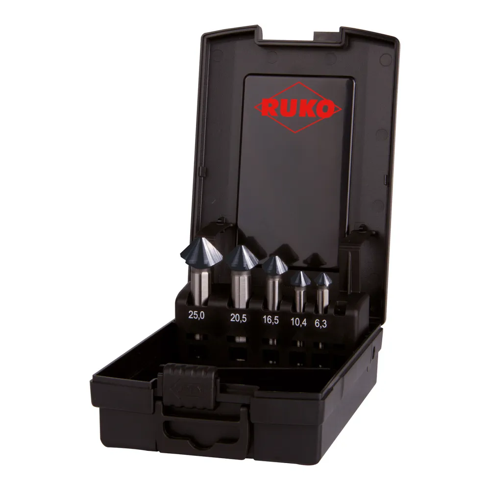 RUKO ULTIMATECUT Kegel- und Entgratsenker-Satz HSS DIN 335 Form C 90° RUnaTEC 5tlg. ABS-Kunststoffkassette - 102791PRO