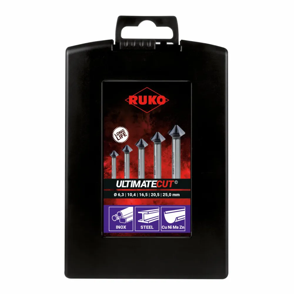 RUKO ULTIMATECUT Kegel- und Entgratsenker-Satz HSS DIN 335 Form C 90° RUnaTEC 5tlg. ABS-Kunststoffkassette - 102791PRO