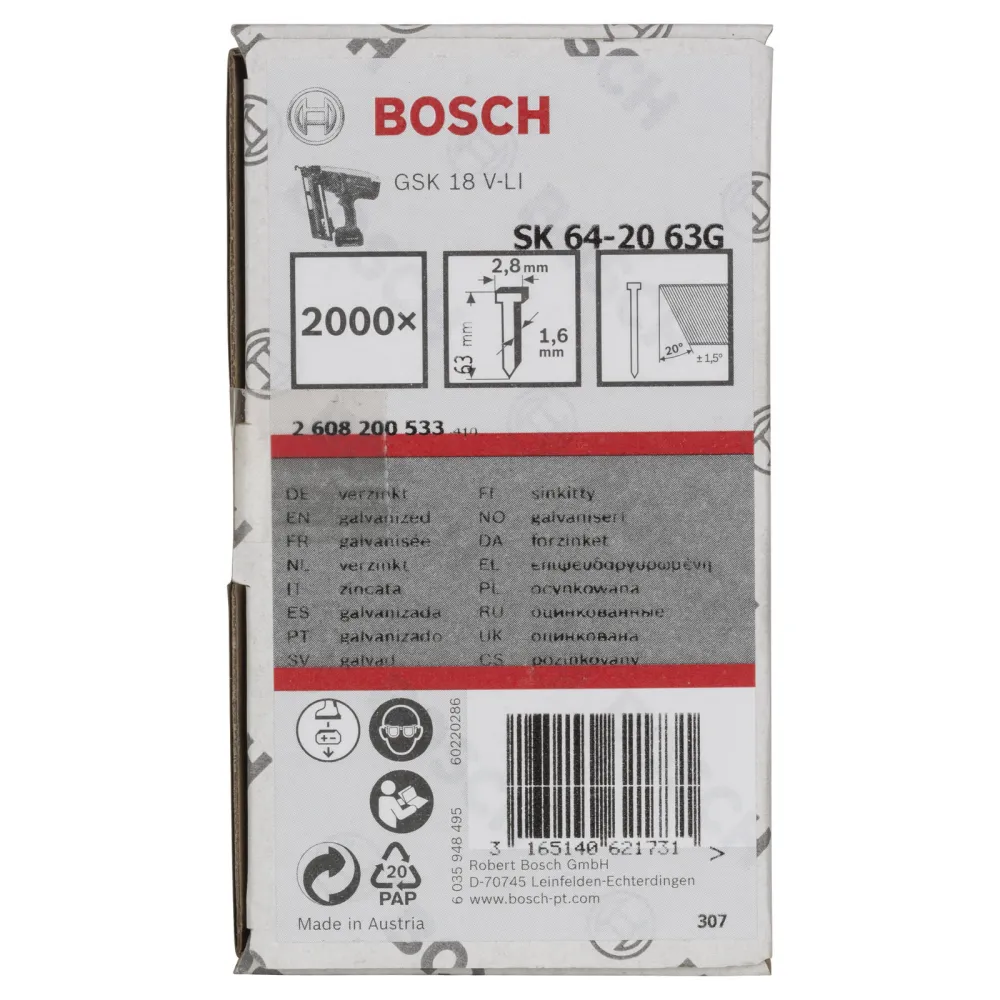 Bosch Senkkopf-Stift SK64 20G, 63 mm verzinkt - 2608200533