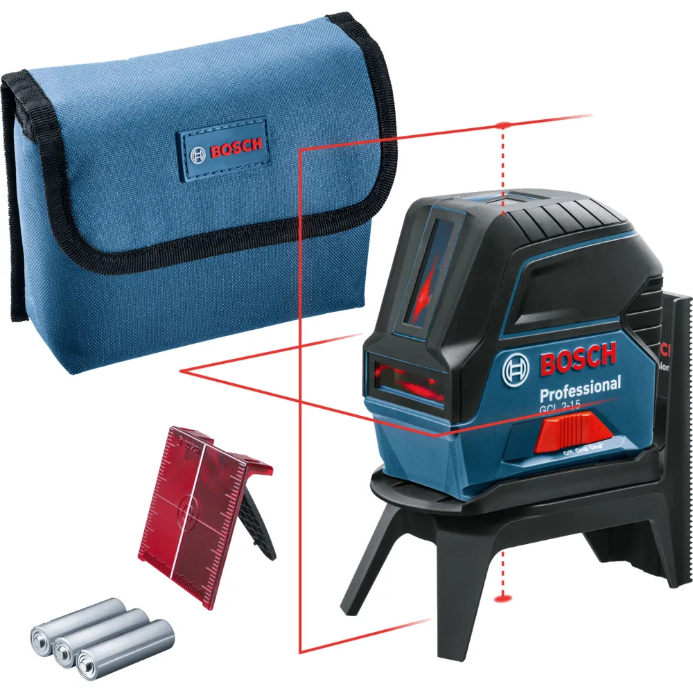 Bosch Kombilaser GCL 2-15 / 3x 1,5 V-LR6-Batterie inkl. RM 1 + Laserzieltafel Tasche - 0601066E00