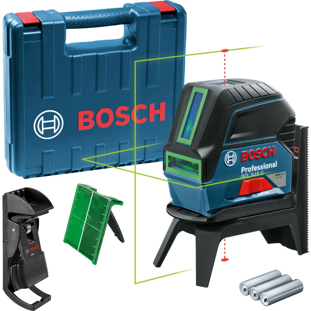 Bosch Kombilaser GCL 2-15 G / 3x 1,5 V-LR6-Batterie inkl. Deckenklemme + RM 1 + Laserzieltafel Koffer - 0601066J00