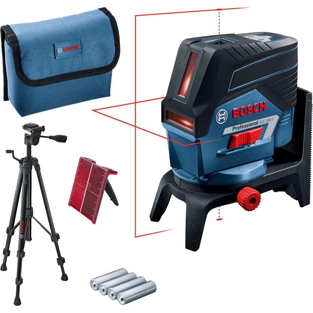 Bosch Kombilaser GCL 2-50 C / 4x 1,5 V-LR6-Batterien + Akku-Adapter inkl. BT 150 + RM 2 + Laserzieltafel Tasche - 0601066G02