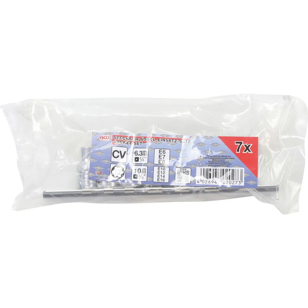 BGS Steckschlüssel-Einsatz-Satz E-Profil Antrieb Innenvierkant 6,3 mm (1/4") / 10 mm (3/8") SW E6 - E16 7 tlg. - 2027