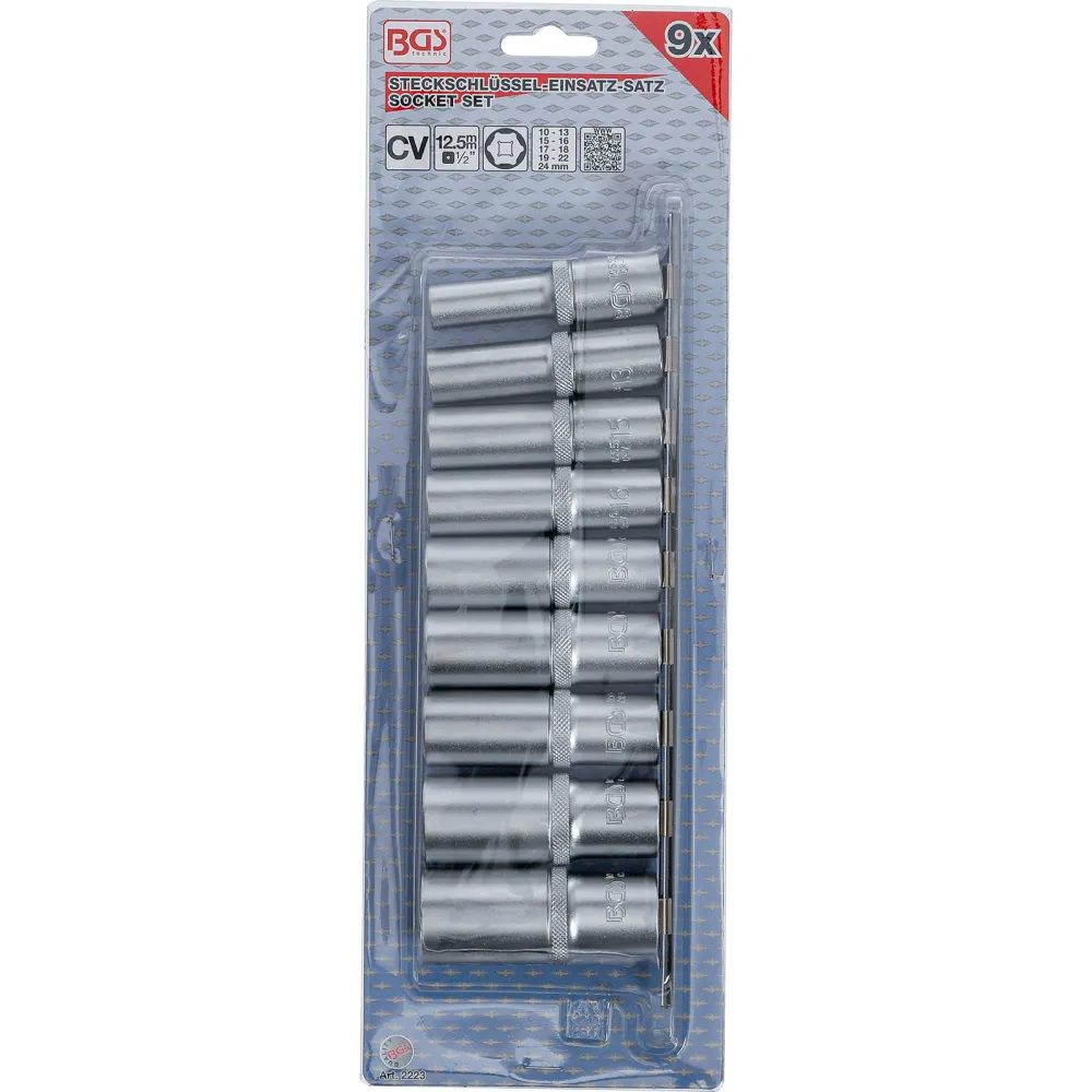 BGS Steckschlüssel-Einsatz-Satz Sechskant tief Antrieb Innenvierkant 12,5 mm (1/2") SW 10 - 24 mm 9tlg. - 2223