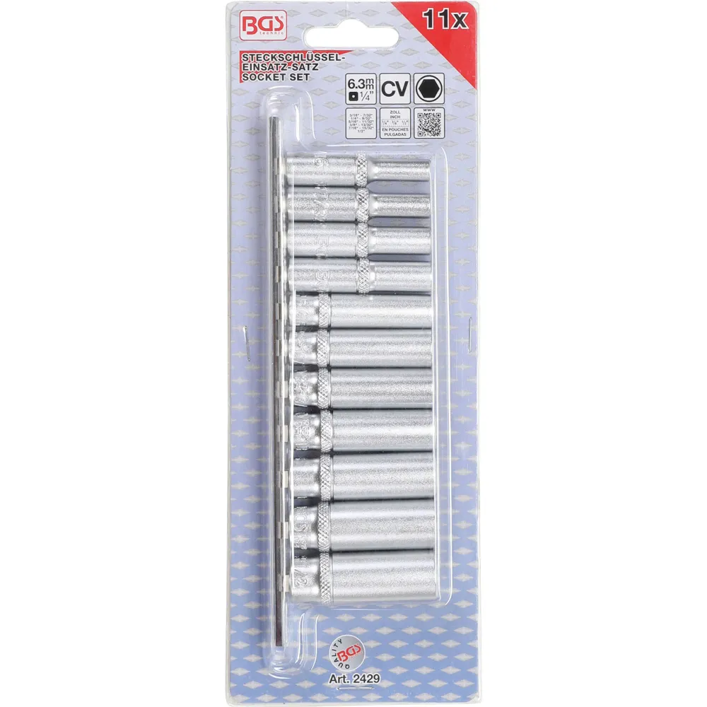 BGS Steckschlüssel-Einsatz-Satz Sechskant tief Antrieb Innenvierkant 6,3 mm (1/4") Zollgrößen 11tlg. - 2429