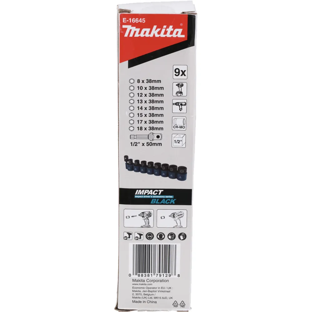 Makita E-16645 Steckschlüssel-Set 9tlg. 1/2" Impact Black