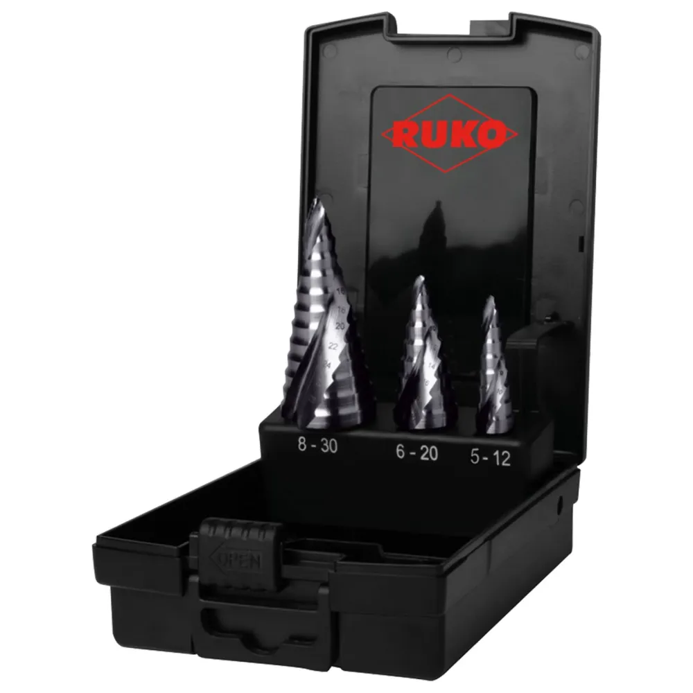 RUKO ULTIMATECUT Stufenbohrer-Satz HSS RUnaTEC mit FLOWSTEP® Spitze Kunststoffkassette 3 teilig - 101626PRO