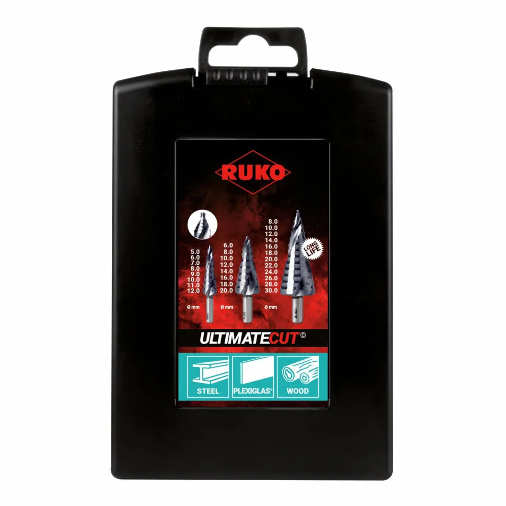 RUKO ULTIMATECUT Stufenbohrer-Satz HSS RUnaTEC mit FLOWSTEP® Spitze Kunststoffkassette 3 teilig - 101626PRO