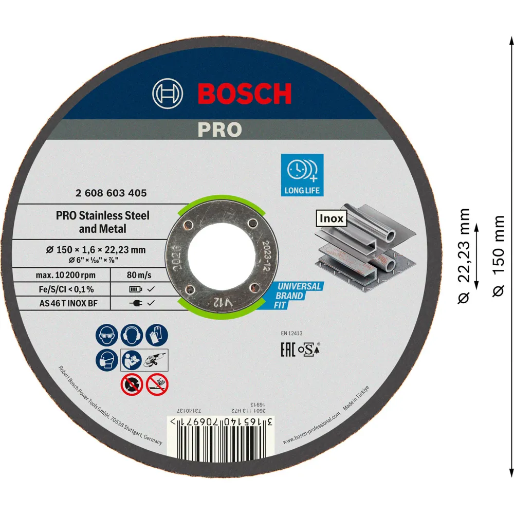 Bosch PRO Stainless Steel and Metal Trennscheibe 150 x 1,6 x 22,23 mm - 2608603405
