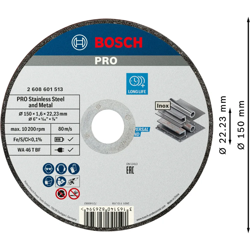 Bosch PRO Stainless Steel and Metal Trennscheibe 150 x 1,6 x 22,23 mm - 2608601513
