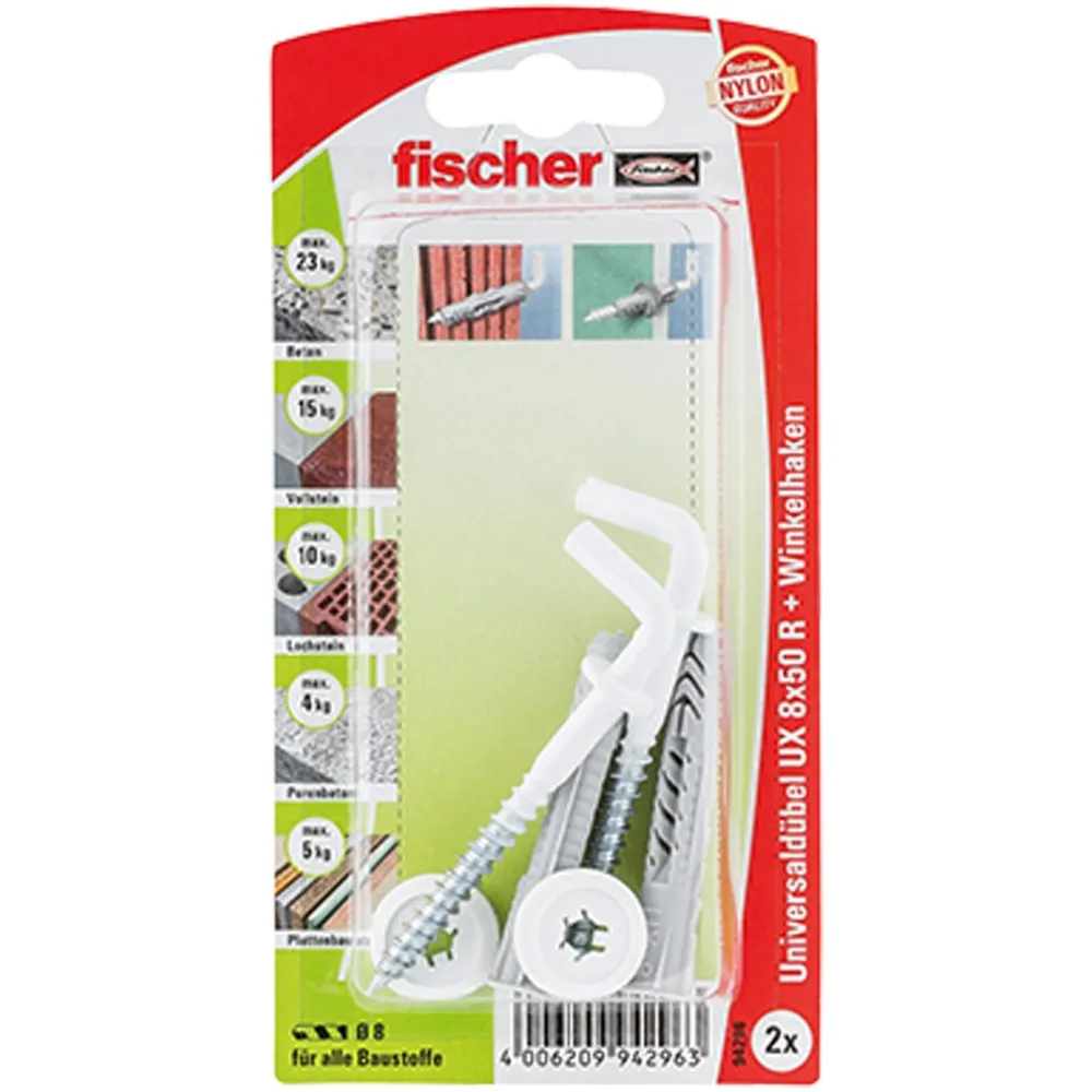 Fischer 2x Universaldübel UX 8x50 RH mit Winkelhaken, nylonbeschichtet - 94296