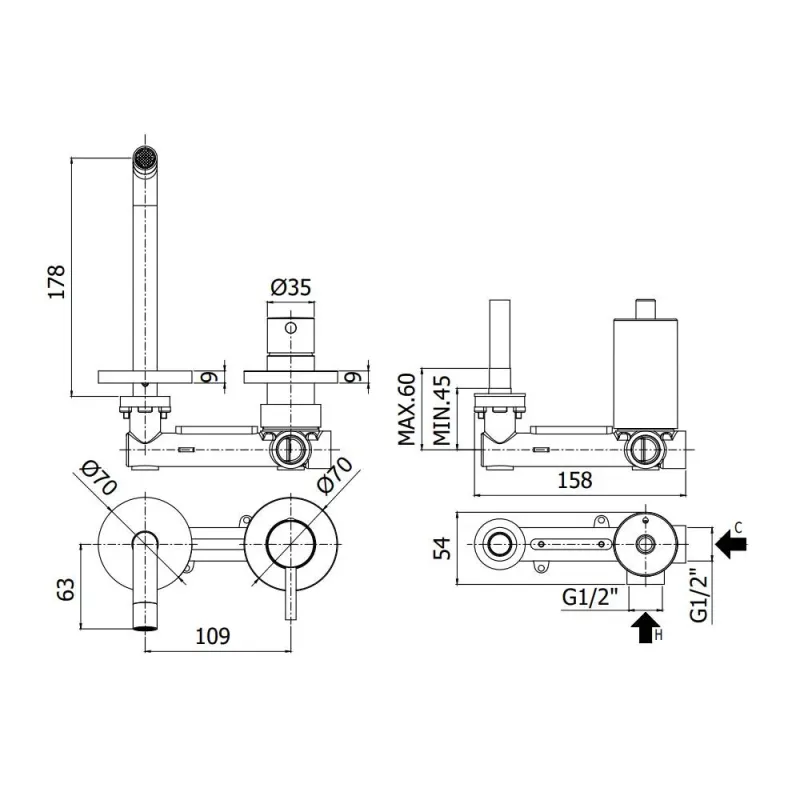 Unterputzarmatur für Waschbecken mit 2 Löchern Serie Light Modell LIG106CR70 Chrom Paffoni