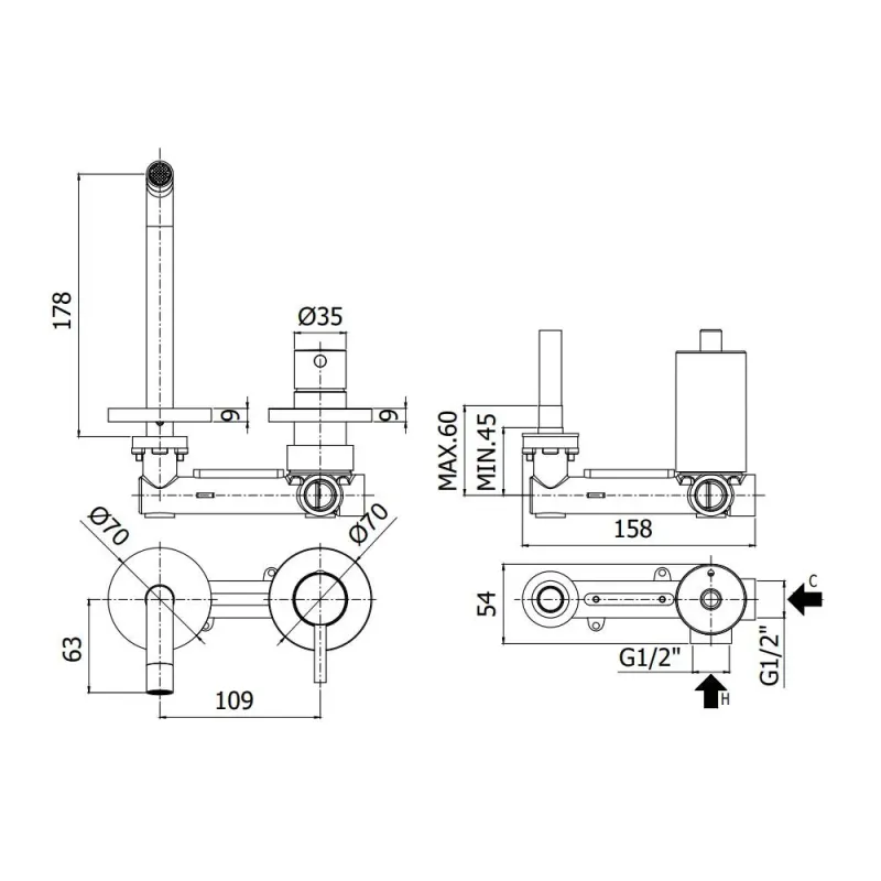 Unterputzarmatur für Waschbecken mit 2 Löchern Serie Light Modell LIG106CR70 Chrom Paffoni