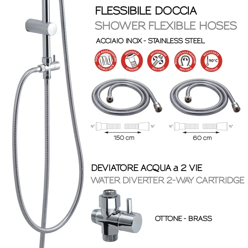 Verstellbare Duschsäule mit rundem Duschkopf und Handbrause mit 3 Strahlarten von Gedy Modell Mühelos 01 - Chrom/Weiß