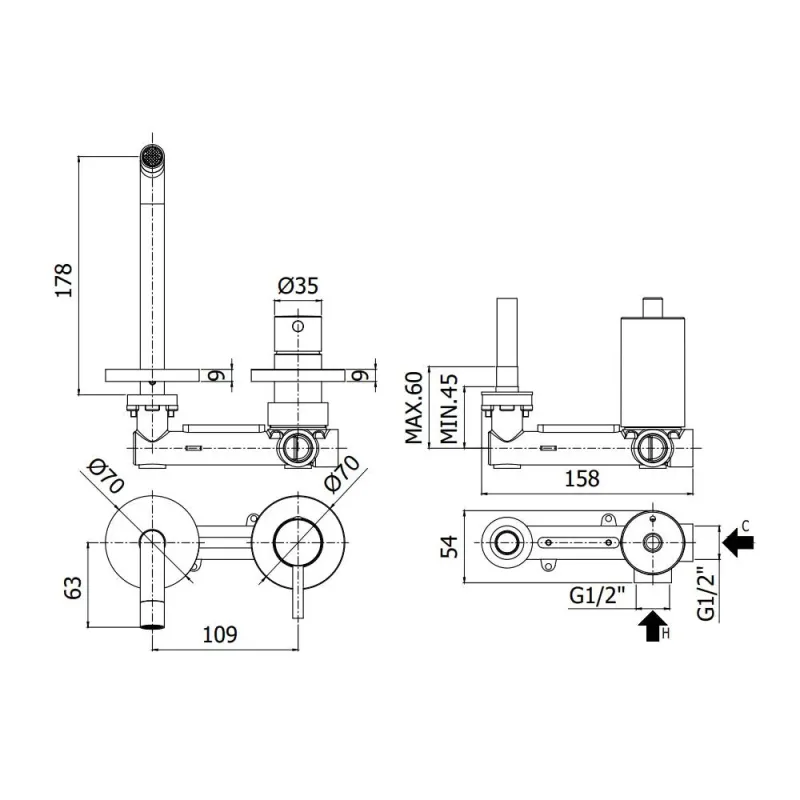 Wand-Einbau-Waschtischmischer Serie Birillo Modell BI106CR70 verchromt Paffoni