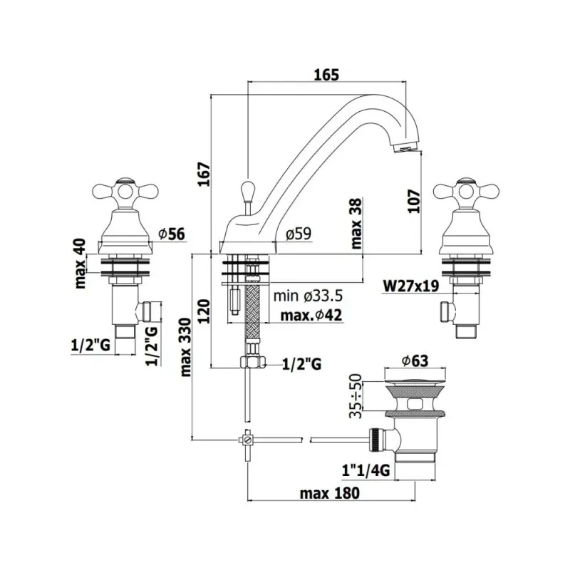 Waschbeckenbatterie mit Ablauf Serie Iris Modell IRV055CR verchromt Paffoni