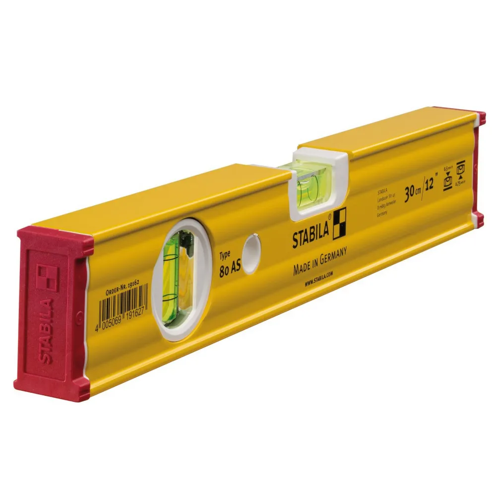 STABILA Wasserwaage Type 80 AS, 30 cm, verstärktes Alu-Profil, 1 Horizontal-Libelle, 1 Vertikal-Libelle, integrierte Rutsc...