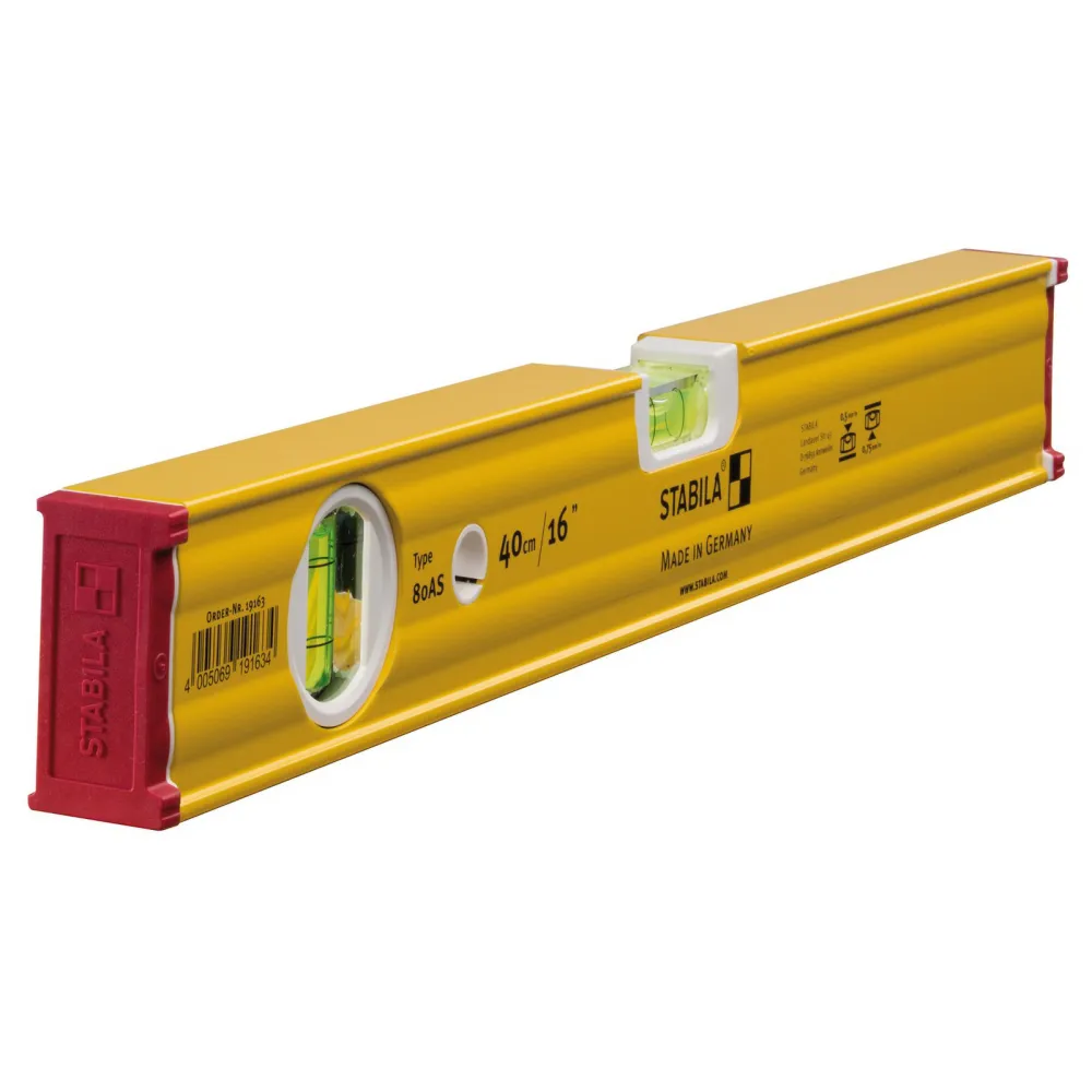 STABILA Wasserwaage Type 80 AS, 40 cm, verstärktes Alu-Profil, 1 Horizontal-Libelle, 1 Vertikal-Libelle, integrierte Rutsc...