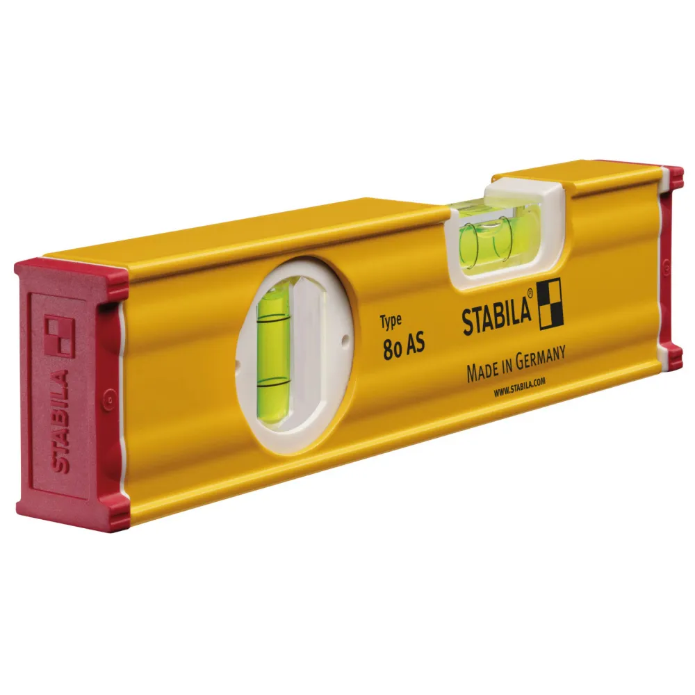 STABILA Wasserwaage Type 80 AS, 20 cm, verstärktes Alu-Profil, 1 Horizontal-Libelle, 1 Vertikal-Libelle, integrierte Rutsc...